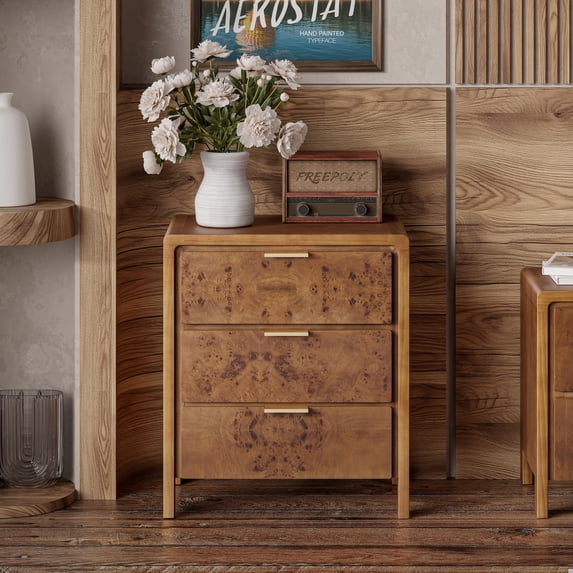 Farmhouse Nightstand with 3 Drawer, Distressed Wood COZAYH Rustic Accent Dresser, Burl Finish Bedside Table for Bedroom, Entryway, Fully Assembled, Brown