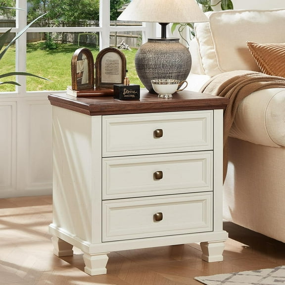 Farmhouse Nightstand with 3 Drawers, Rustic Couch End Table with 4 Square Solid Wood Legs, Mid-Century Modern Bed Side Table with Storage, Small Dresser for Bedroom, Living Room, White