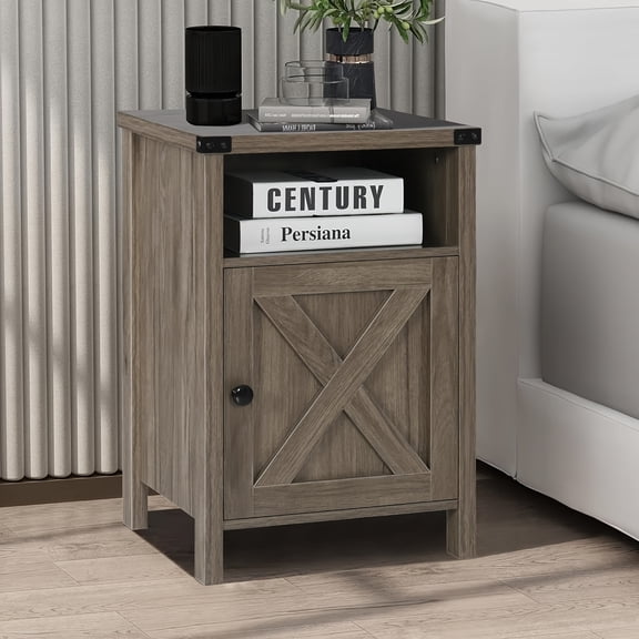 Farmhouse Nightstand, Bedside Table with Barn Door And Shelf, Side End Table with Storage, Modern Wood End Table for Bedroom & Living Room, 1&2