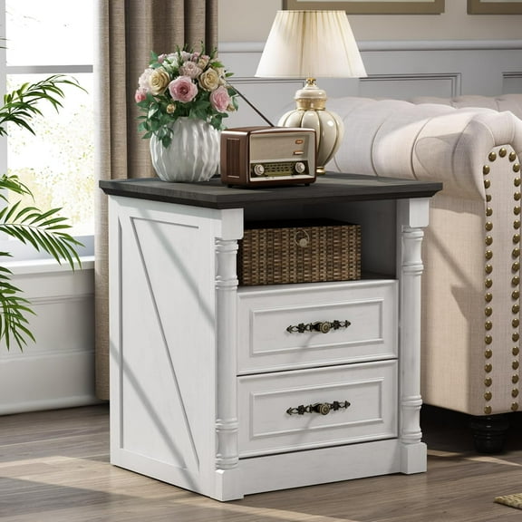 Farmhouse Nightstand with Charging Station, 22" Wide Wood Night Stand with Roman Column, Modern End Table with 2 Drawers, Side Table, Bedside Cabinet for Bedroom and Living Room, Antique White