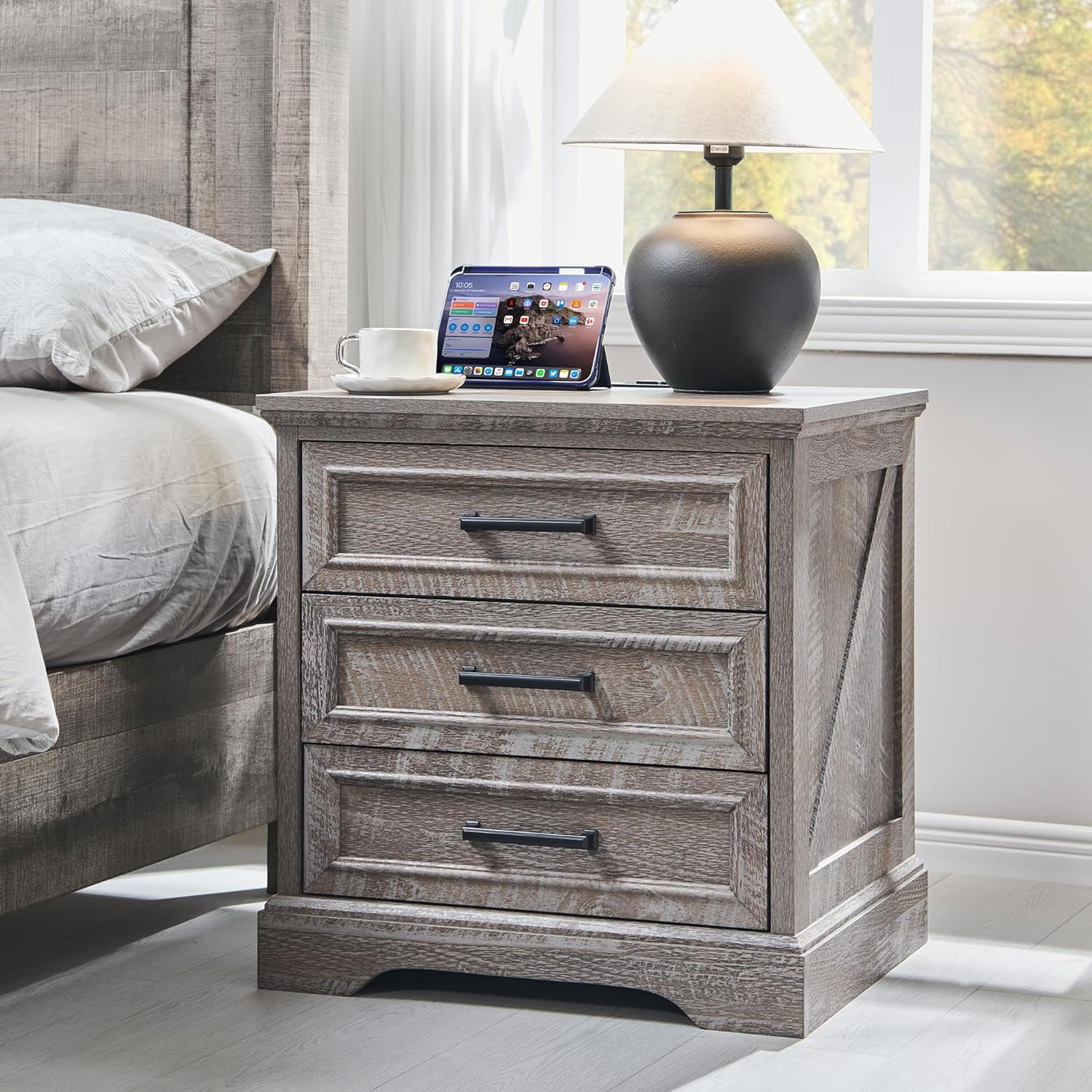 Farmhouse Nightstand with Charging Station, 24 Inch Wide End Table with 3 Large Drawers & Bar ...