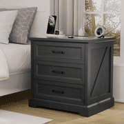 Hommpa Farmhouse 3 Drawers Nightstand with Charging Station, Rustic Wood Night Stand with Drawers for Bedroom, Vintage Bedside Table Small Dresser Chest of Draw