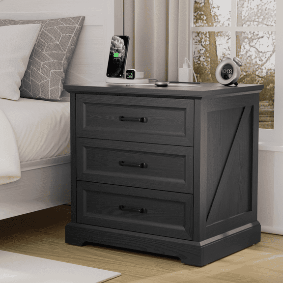 Hommpa Farmhouse 3 Drawers Nightstand with Charging Station, Rustic Wood Night Stand with Drawers for Bedroom, Vintage Bedside Table Small Dresser Chest of Drawers for Living Room, Black