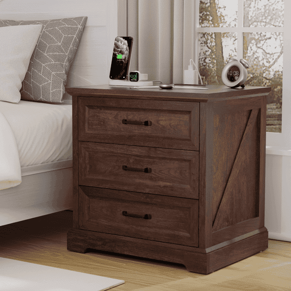 Hommpa Farmhouse 3 Drawers Nightstand with Charging Station, Rustic Wood Night Stand with Drawers for Bedroom, Vintage Bedside Table Small Dresser Chest of Drawers for Living Room, Brown