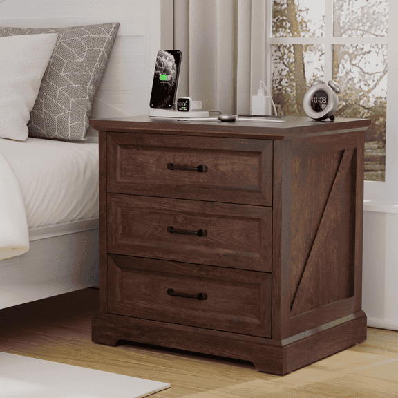 Hommpa Farmhouse 3 Drawers Nightstand with Charging Station, Rustic Wood Night Stand with Drawers for Bedroom, Vintage Bedside Table Small Dresser Chest of Drawers for Living Room, Brown