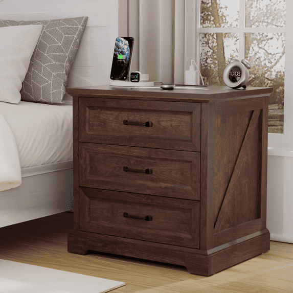 Hommpa Farmhouse 3 Drawers Nightstand with Charging Station, Rustic Wood Night Stand with Drawers for Bedroom, Vintage Bedside Table Small Dresser Chest of Drawers for Living Room, Brown