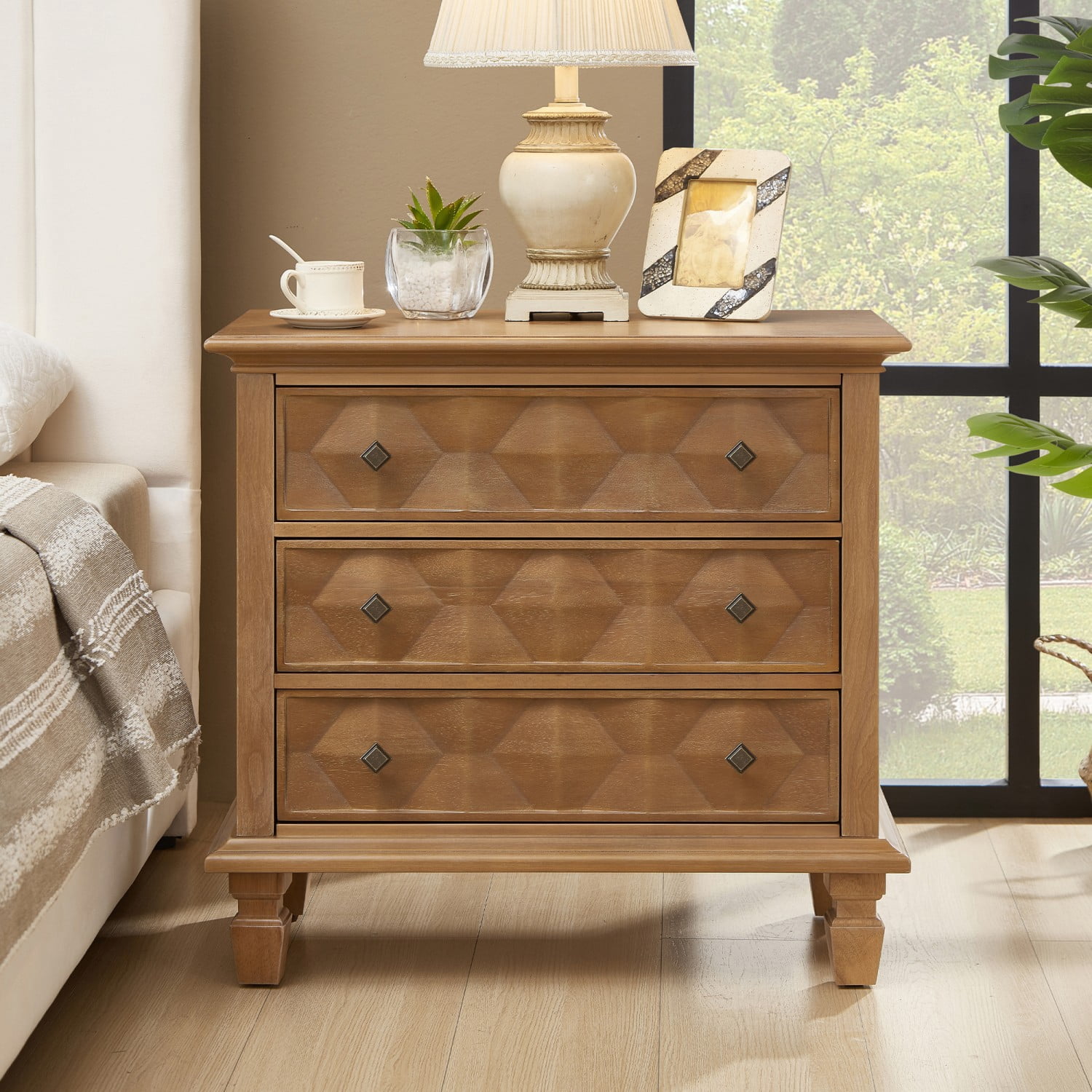 Farmhouse Nightstand with Charging Station, 3 Drawer Bedside Table with USB & Type-C Ports, Engineered Wood Storage Cabinet, Rustic End Table for Bedroom Living Room, Brown