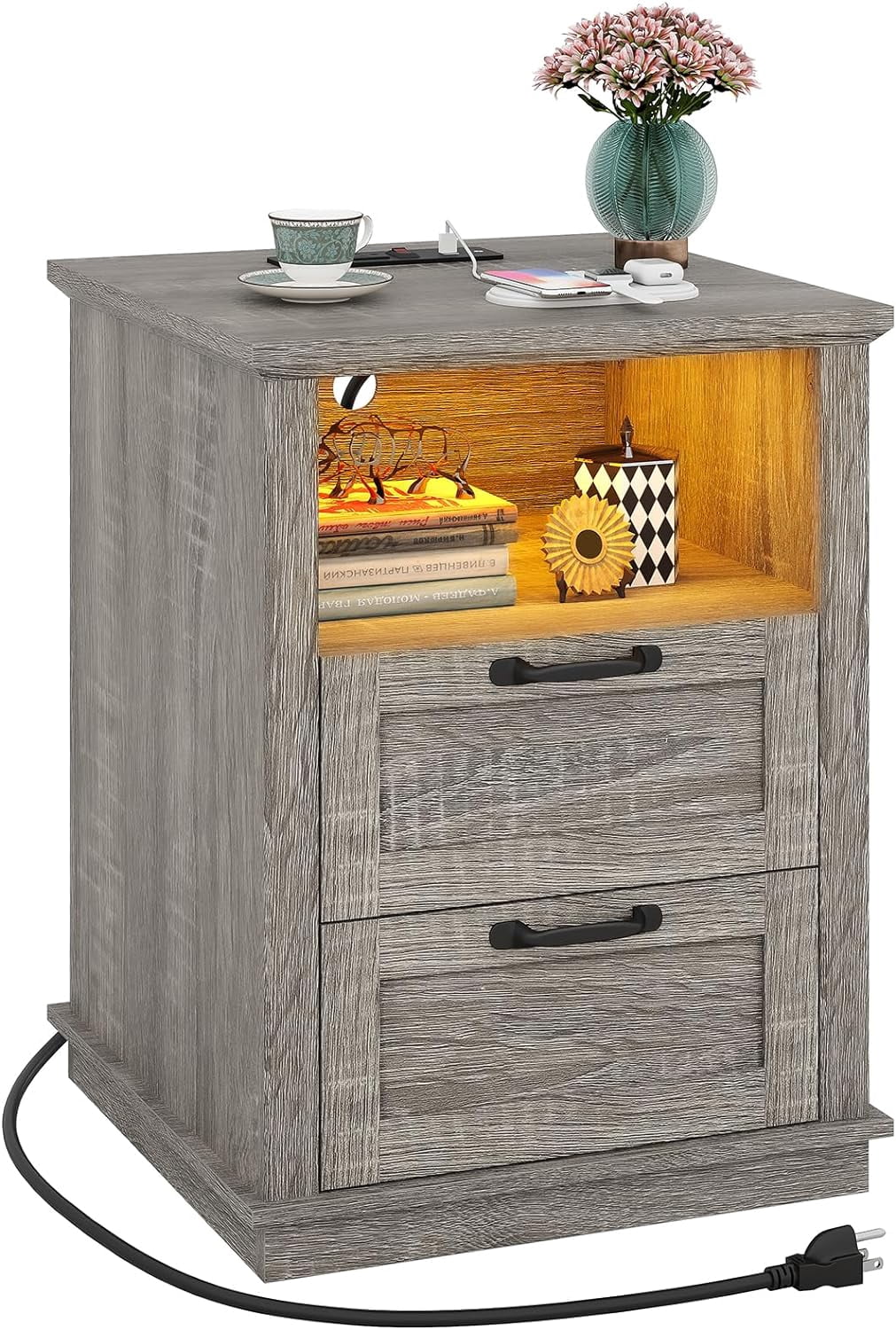 Farmhouse Nightstand with Charging Station, 3-Tier Bedside Table with ...