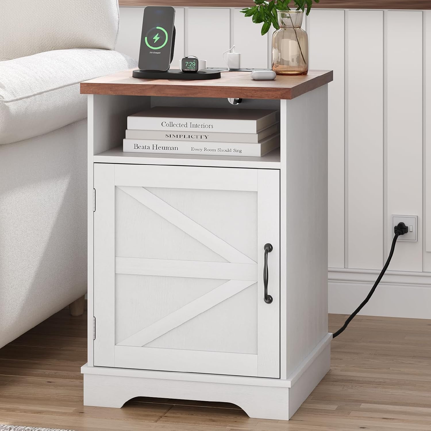 Farmhouse Nightstand with Charging Station, Bedside Table with Storage ...