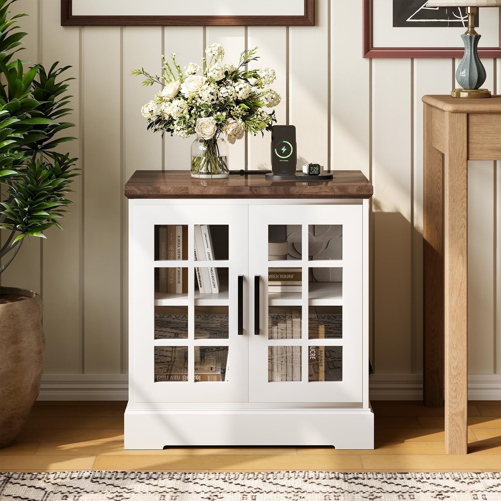 Farmhouse End Table with Charging Station, 24" Large Sofa Side Table, Nightstand with Adjustable Storage Shelf,Wood Square Bedside Table for Living Room,Bedroom