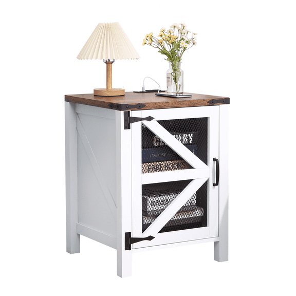 Farmhouse Nightstand, with Charging Station, Modern Bedside Table with Barn Mesh Door and Adjustable Shelf, Rustic End Table Side Table for Bedroom, Living Room