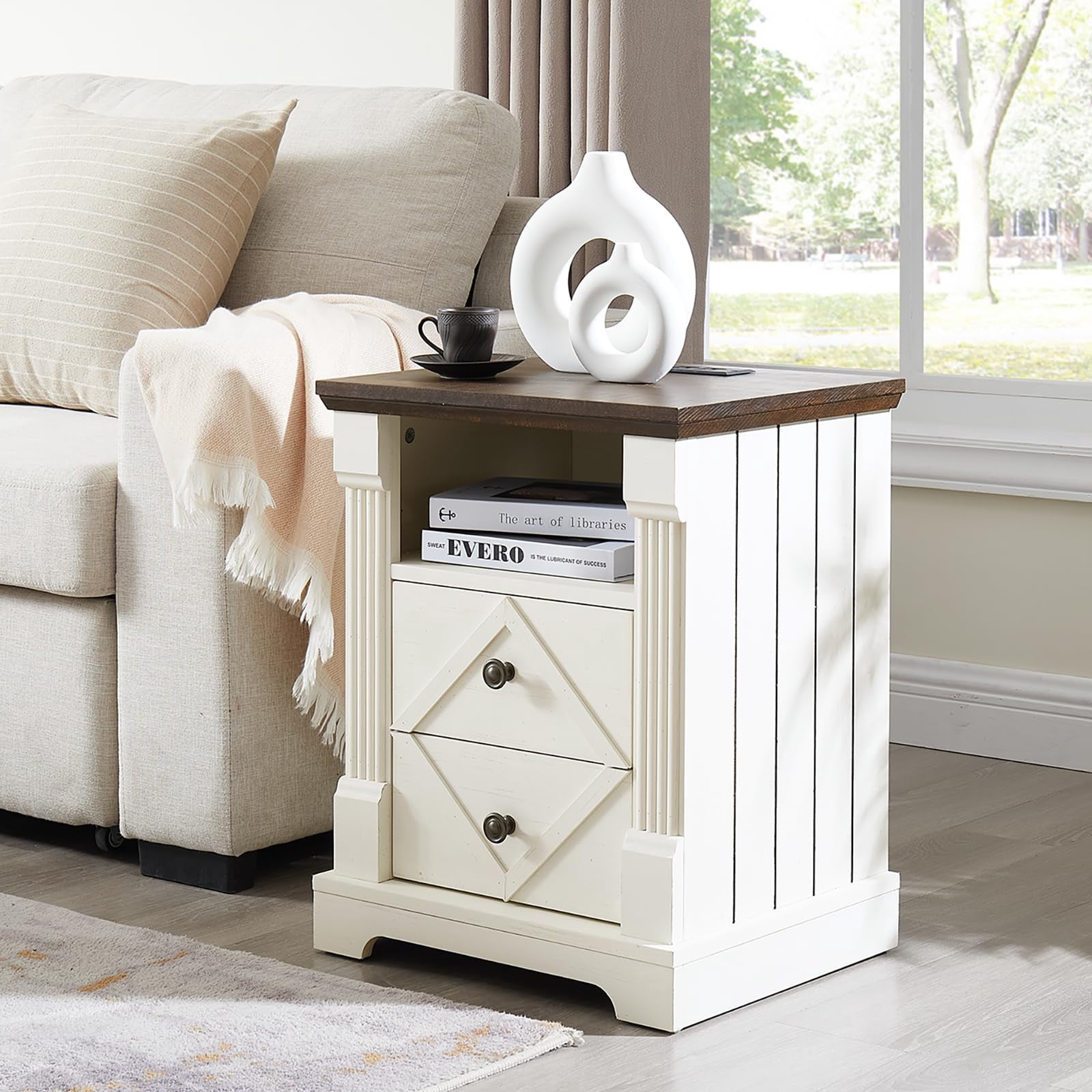 Farmhouse Nightstand with Charging Station, Rustic 18 Inch End Table ...