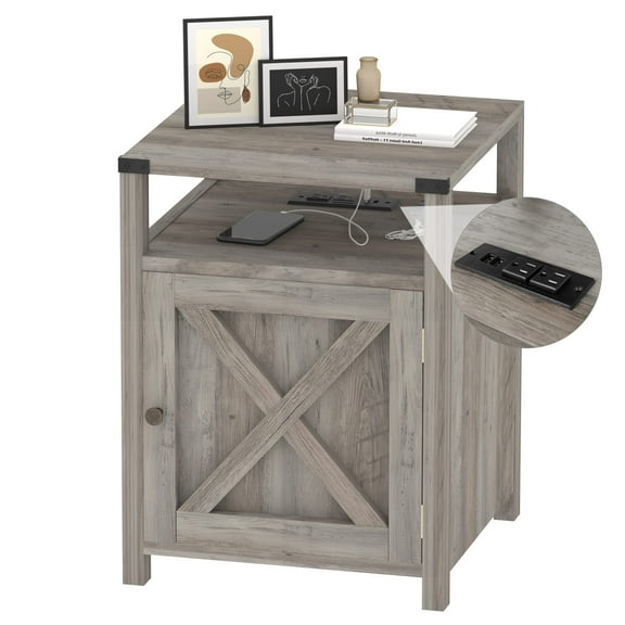 Farmhouse Nightstand with Charging Station, Rustic End Table Bedroom with Storage Living Room Side Table with USB Ports and Outlets, 18in, Gray Finish