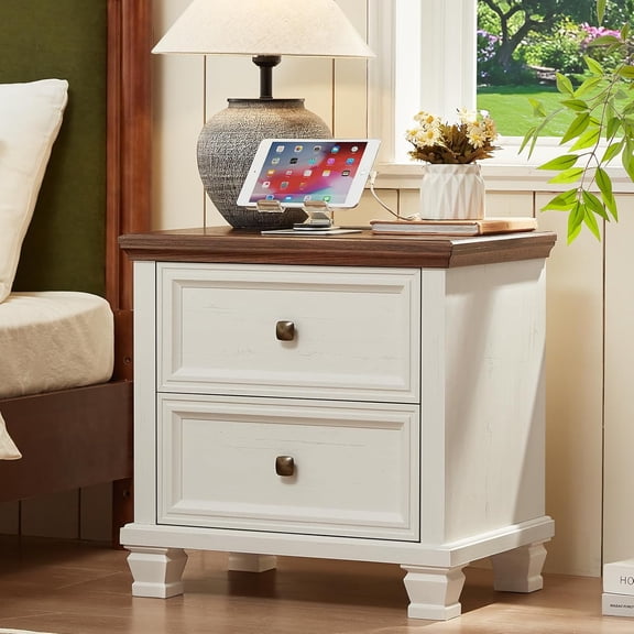 Farmhouse Nightstand with Charging Station | Rustic Low Night Stand with Drawers | Mid-Century Modern End Table with Solid Wood Legs | Small Dresser for Bedroom, Home