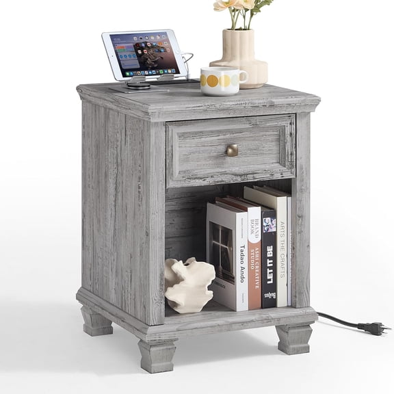 Farmhouse Nightstand with Charging Station, Rustic Wood Nightstand with 1 Drawer, Bedside Table with Open Shelf for Bed Room, End Table for Living Room, Grey