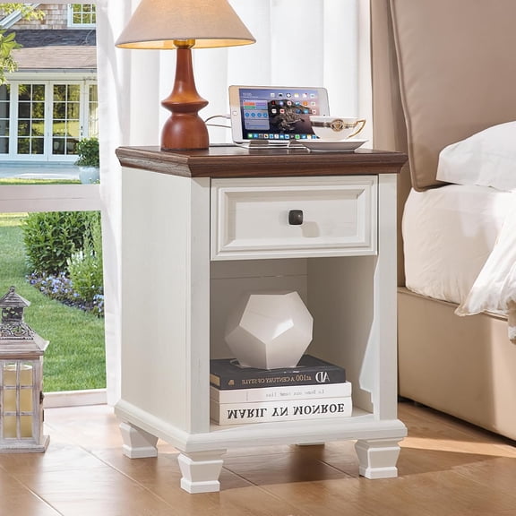 Farmhouse Nightstand with Charging Station, Rustic Wood Nightstand with 1 Drawer, Bedside Table with Open Shelf for Bed Room, End Table for Living Room, White