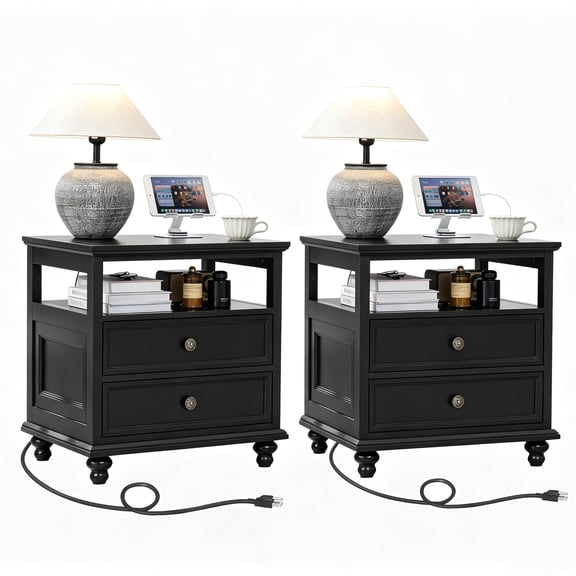 Farmhouse Nightstand with Charging Station Set of 2, 24 inch Wooden 2 Drawers Profile Bedside Table with Open Shelf, End Side Table for Bedroom, Black