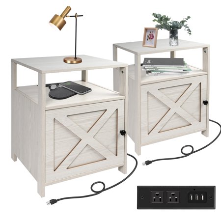 Farmhouse Nightstand with Charging Station USB Ports Power Outlets, Modern White Set of 2 Wooden Sofa Side Storage Stand Cabinet, Large Capacity of Storage Bed Side Table for Small Spaces and Bedroom