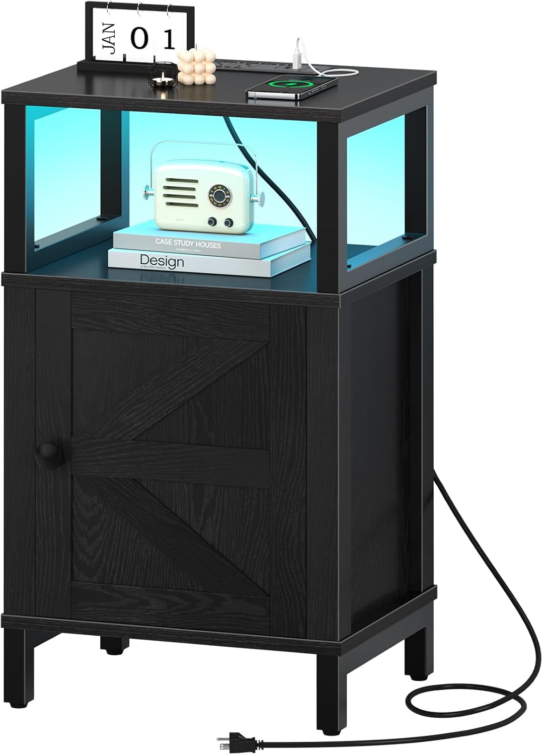 Farmhouse Nightstand with Charging Station, Wood Night Stand End Table ...