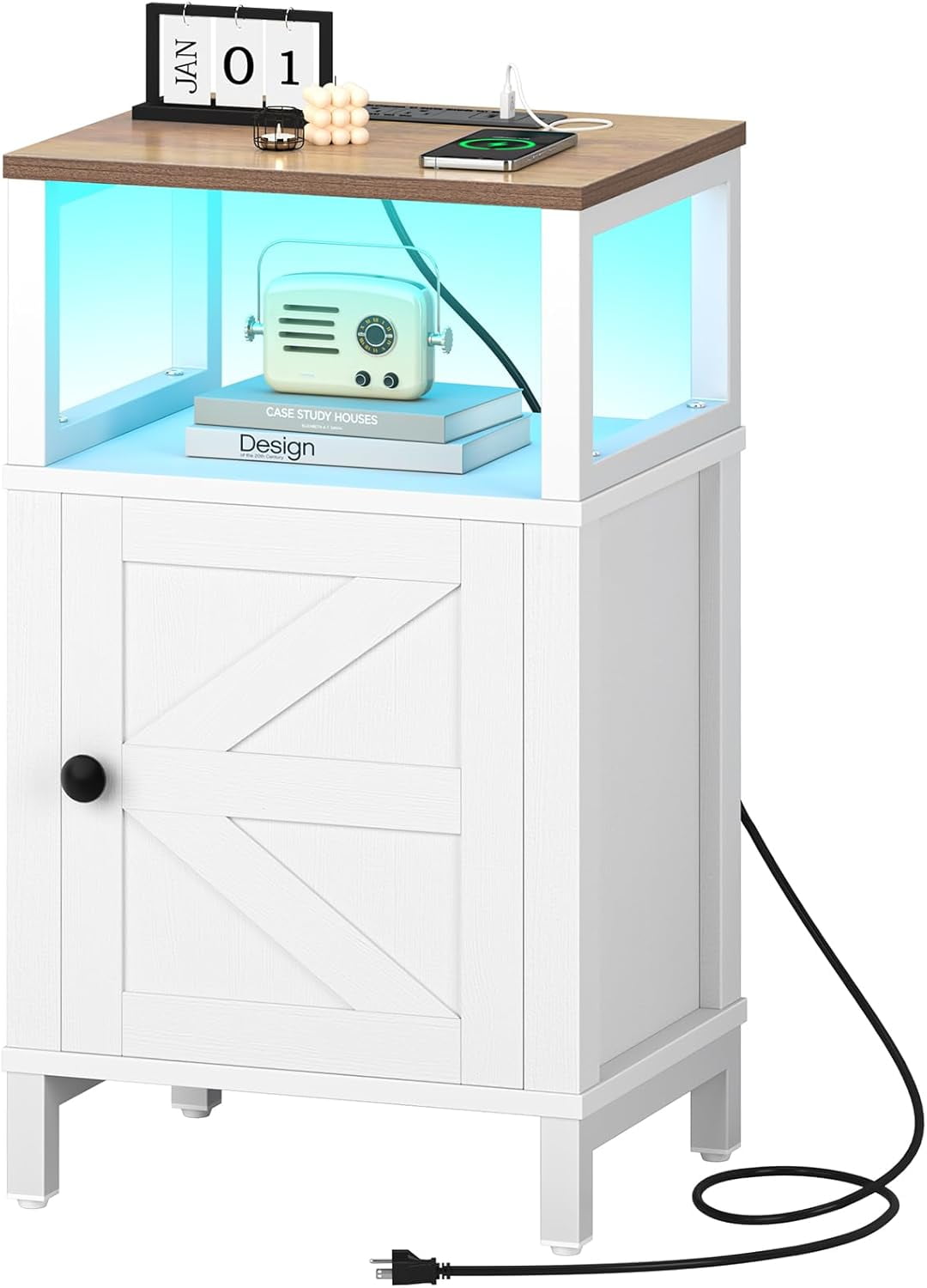 Farmhouse Nightstand with Charging Station, Wood Night Stand End Table ...