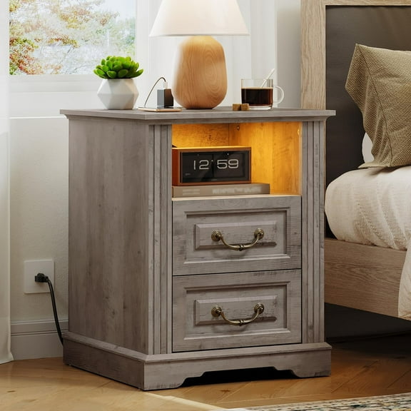 Farmhouse Nightstand with Charging Station, Wooden Night Stand with 2 Drawers, LED Bedside Table, Rustic Sofa Side Table, End Table for Bedroom, Living Room, Greige