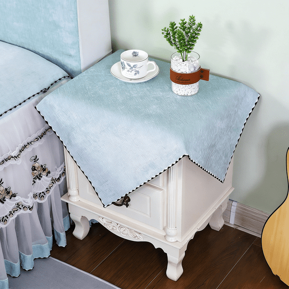 Farmhouse Nightstand Cover - Vintage Linen-Blend Bedside Table Cloth With Decorative Trim, Dustproof & Washable Protector For Bedroom Dresser/Small Desk-light blue-70*70cm(27.5*27.5in)
