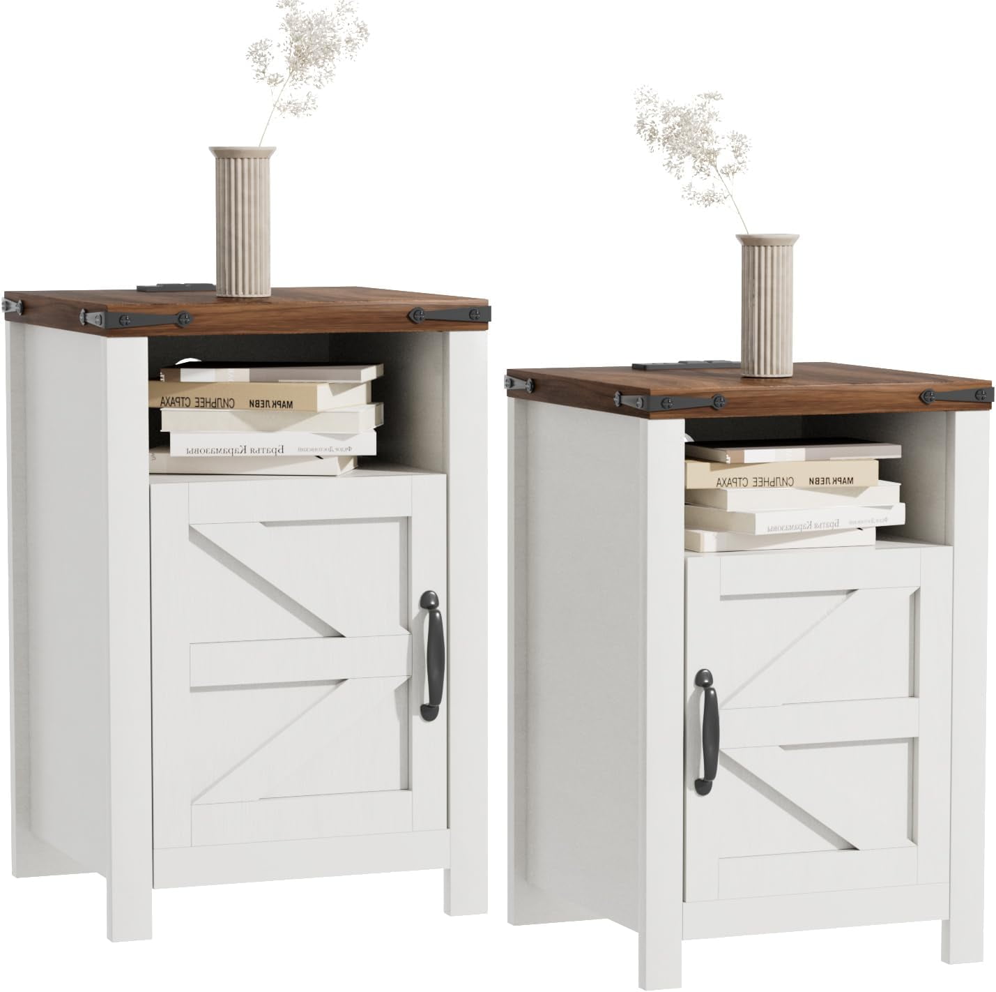 Farmhouse Nightstand, End Table with USB and Socket, Wooden Side Table