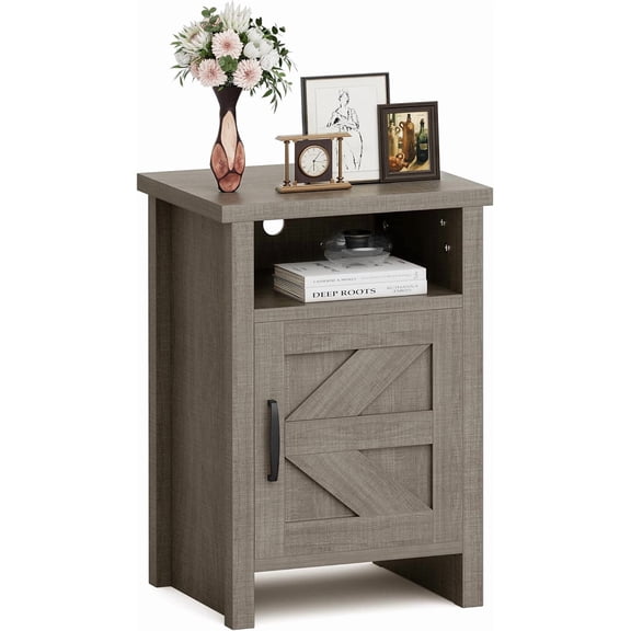 Farmhouse Nightstand, End Table with Barn Door, Grey | Rustic Bedside for Bedroom,Living Room