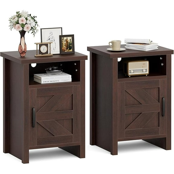 Farmhouse Nightstand, Modern Bedside Table with Barn Door and Shelf, Rustic End Table Side Table for Bedroom, Living Room (2, White)