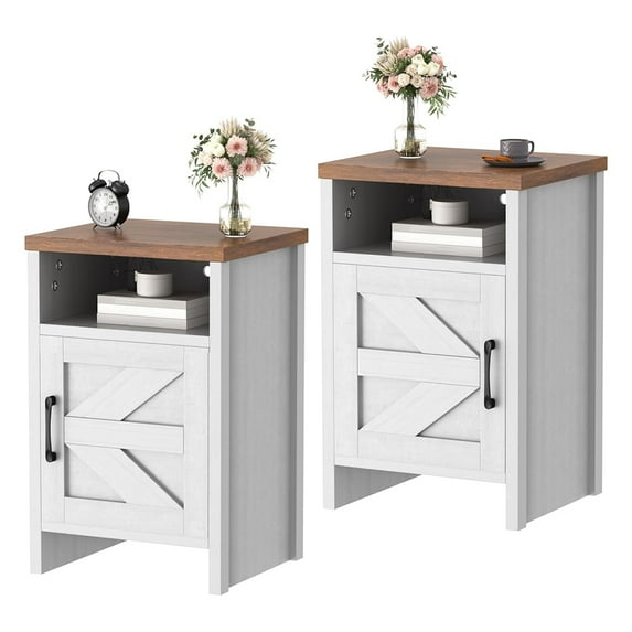 Farmhouse Nightstand, Modern Bedside Table with Barn Door and Shelf, Rustic End Table Side Table for Bedroom, Living Room (2, White)