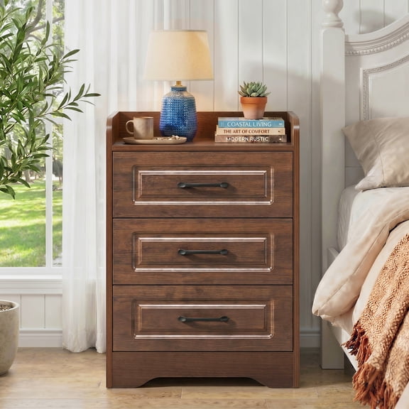 Farmhouse Nightstand, Night Stand with 3 Drawers, Wood End Table for Small Spaces, Bedside Storage Table for Bedroom, Walnut