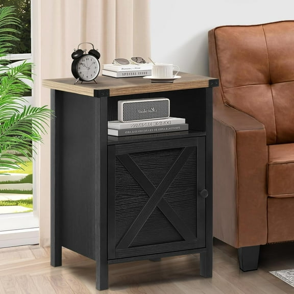 Farmhouse Nightstand, Rustic End Table with Storage Cabinet and Shelf, End Table for Bedroom Living Room, Wood Night Stand Side Table, Black