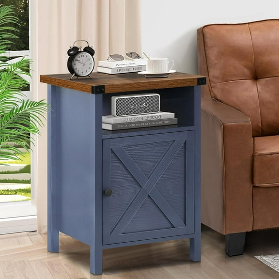 Farmhouse Nightstand, Rustic End Table with Storage Cabinet and Shelf, End Table for Bedroom Living Room, Wood Night Stand Side Table, Blue