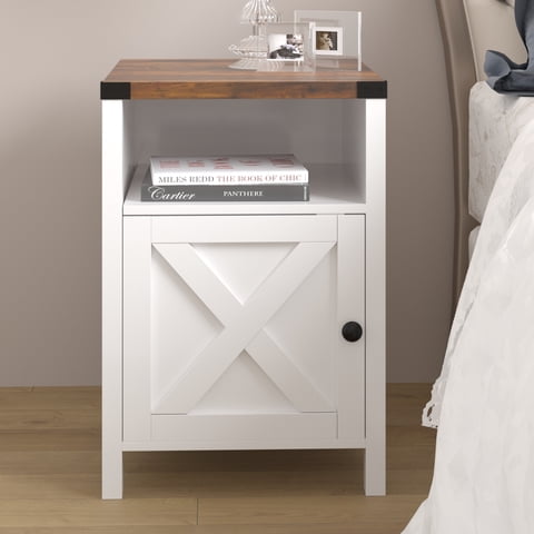 DreamCurship Farmhouse Nightstand, Rustic Side Table with Shelf for Small Space, White Bedside Table Set for Bedroom, Pure White & Brown