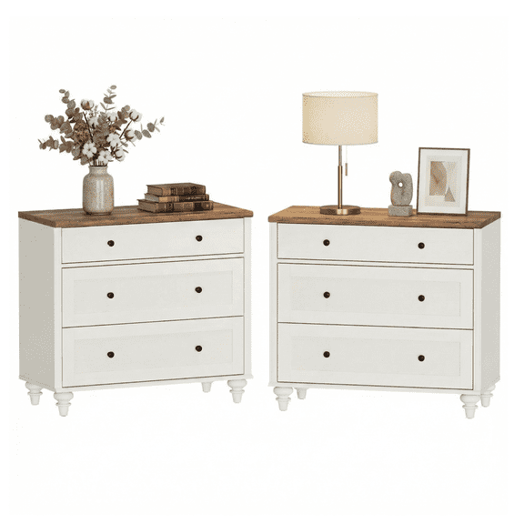 Farmhouse Nightstand Set of 2 with 3 Drawers, 34 Inch Large Wood Bedside Table, Wide Sofa Side End Table Chest of Drawers for Bedroom & Living Room, White