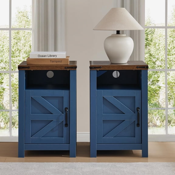 Farmhouse Nightstand Set of 2, Bedside Table with Charging Station, Night Stand with Barn Door, Blue End Table Sofa Side, Nightstand Storage for Bedroom Living Room, Blue