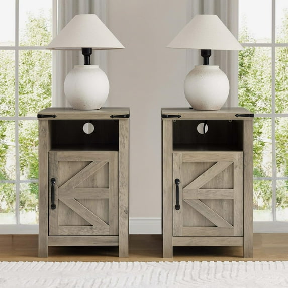 Farmhouse Nightstand Set of 2, Bedside Table with Charging Station, Night Stand with Barn Door, Gray End Table Sofa Side, Nightstand Storage for Bedroom Living Room, Gray
