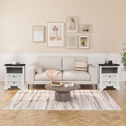 Farmhouse Nightstand Set of 2, Beside Table with 2 Drawers and 1 Open ...