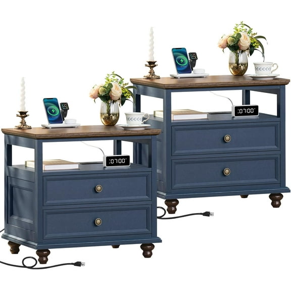 Farmhouse Nightstand Set of 2 with Charging Station, 24" Wide End Table with 2 Drawers,Wood Dresser for Bedroom,Bed Side Table Chest of Drawers Cabinet,Navy BlueNight Stand for Living Room