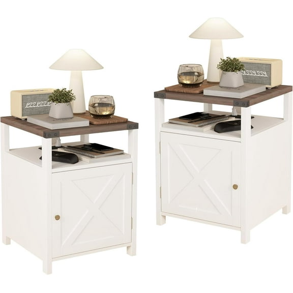 Farmhouse Nightstand Set of 2 with Charging Station, Rustic End Table Bedroom with Storage Living Room Side Table White Night Stand Industrial Bedside Bed Table with USB Ports and Outlets