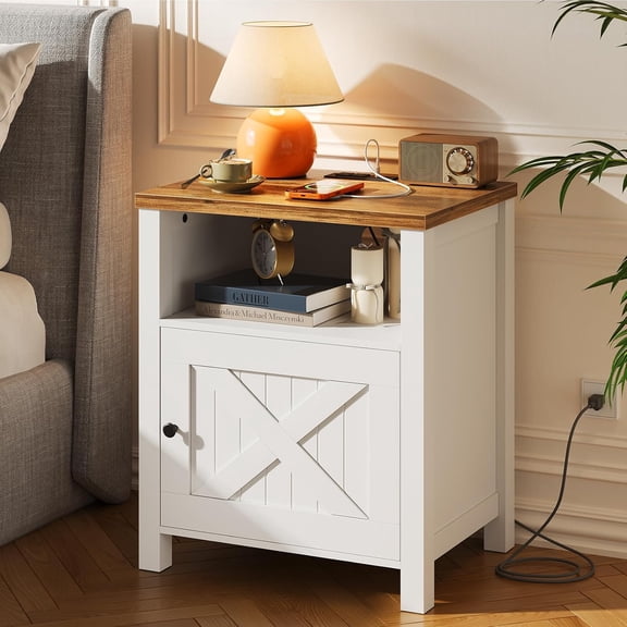 Farmhouse Nightstand Set of 2 with Charging Station, Wood Bedside Table with USB Port & AC Outlet, Open Shelf and Enclosed Cabinet, Side Table with Storage for Bedroom, Brown and White