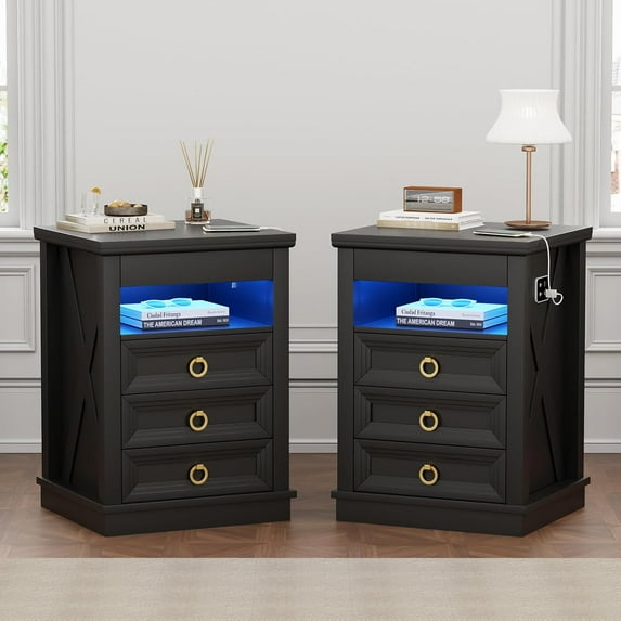 Farmhouse Nightstand Set 2 with Gun Drawer,Bedside Table with Charging Station and Human Body Senor,3 LED Lights Night Stand with 3 Drawers and Open Shelf,End Side Table for Bedroom(Black)
