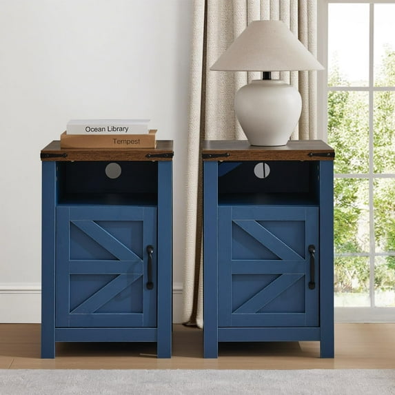 Farmhouse Nightstand Set of 2,Modern Bedside Table with Charging Station,End Table with Barn Door and Shelf,Sofa Side Table for Bedroom, Living Room, Blue