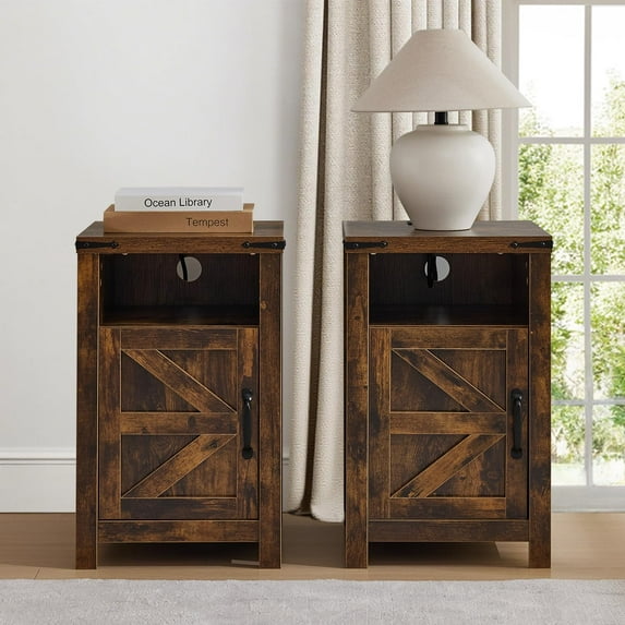 Farmhouse Nightstand Set of 2,Modern Bedside Table with Charging Station,End Table with Barn Door and Shelf,Sofa Side Table for Bedroom, Living Room, Brown