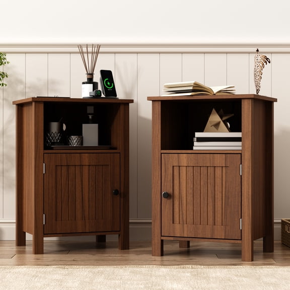 Farmhouse Nightstand Set of 2, Night Stand with Charging Station and USB Port, Modern Nightstand with Storage Shelf, Rustic Side Table with Open Space, Side Table for Bedroom, Walnut