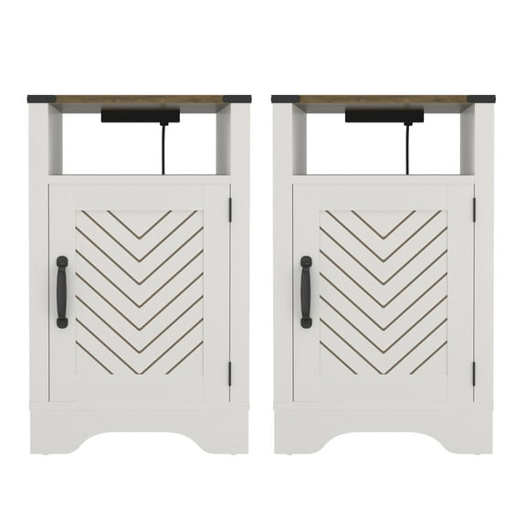 Farmhouse Nightstand Set of 2, Rustic Wooden Bedside Table with 2 USB Ports & 2 Outlets Charging Station, Tall End Table with Cabinet & Shelf, White & Oak Engineered Wood