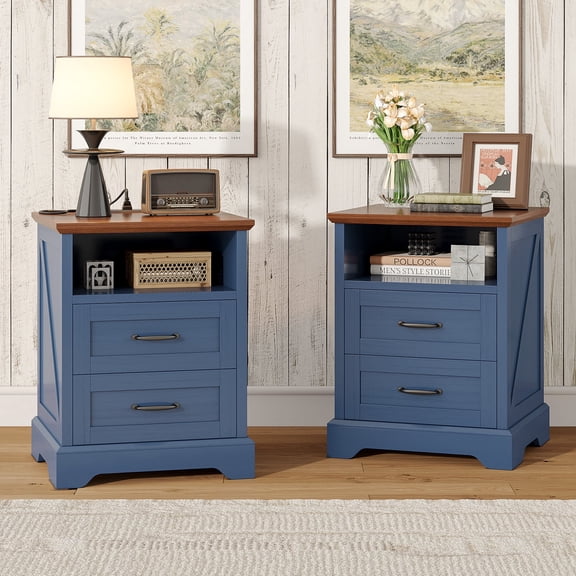 Farmhouse Nightstand Set of 2, 18 inch End Table with Charging Station for Bedroom, Living Room, Blue