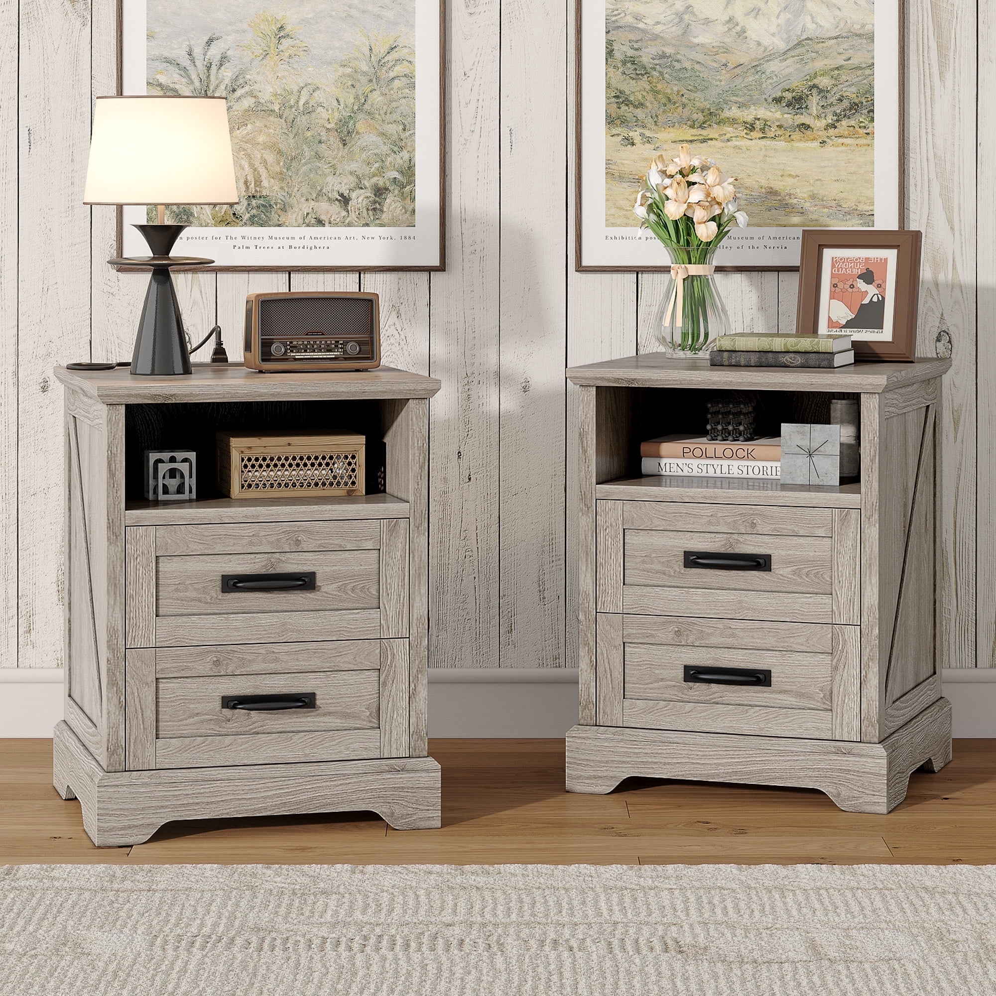 Farmhouse Nightstand Set of 2, 18 inch End Table with Charging Station for Bedroom, Living Room, Grey