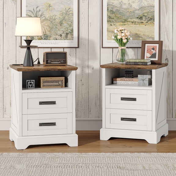 Farmhouse Nightstand Set of 2, 18 inch End Table with Charging Station for Bedroom, Living Room, White