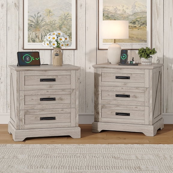 Farmhouse Nightstand Set of 2, 22 inch Side Table with Charging Station for Bedroom, 2PCS, Gray